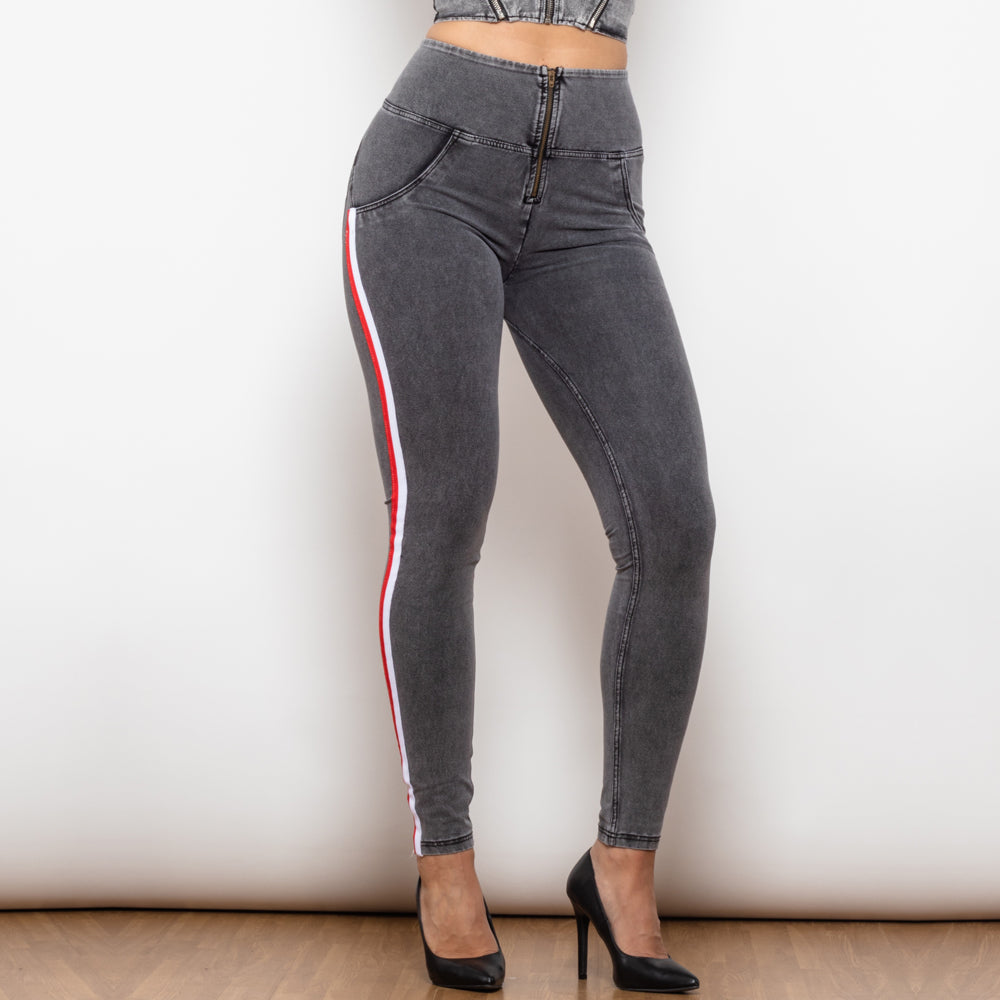 High Waist Dark  Grey Jeans With Stripe Jeans Bum Lift Pants Shaping Jeggings Women Pants