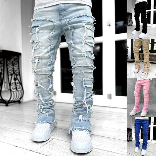 Men Trousers Individual Patched Pants Long Tight Fit Stacked Jeans For Mens Clothing - Beuti-Ful