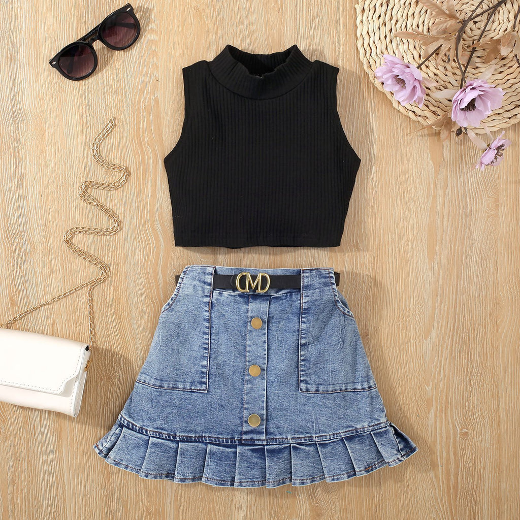 Girls' Solid Color Waistcoat Sleeveless Top Denim Open Bag Pleated Skirt Suit - Beuti-Ful