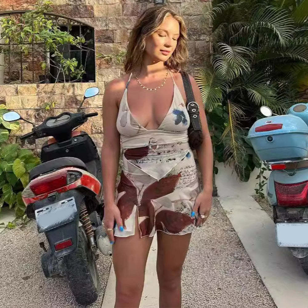 2Pcs Printed Suit Summer Sexy V-neck Halter Top And Pleated Short Skirt Set - Beuti-Ful