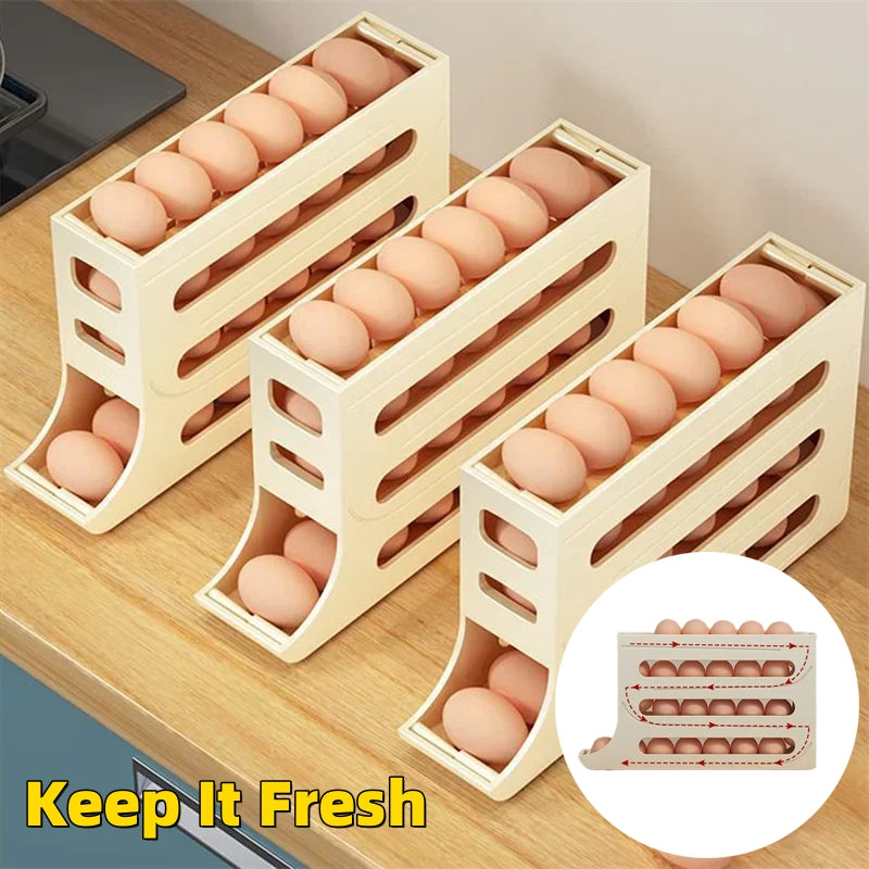 Refrigerator 4-Layer Automatic Egg Roller Sliding Egg Tray Refrigerator Side Door Large Capacity Holder Egg Storage Box Kitchen Gadgets - Beuti-Ful