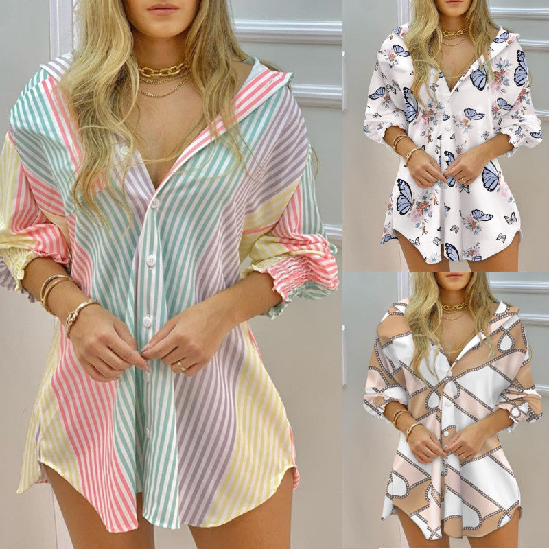 Long Sleeve Swept V Neck Button-Up Striped Shirt Dress - Beuti-Ful