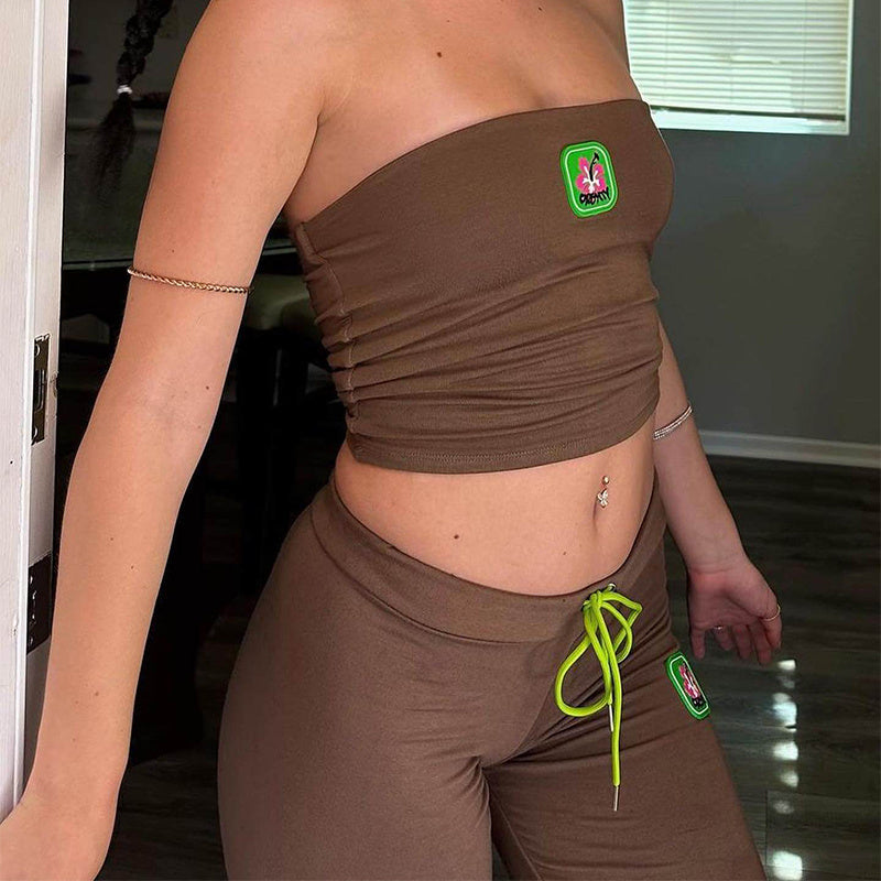 Embroidery Tube Top And High Waist Drawstring Bell-bottomed Pants Two-piece Set - Beuti-Ful