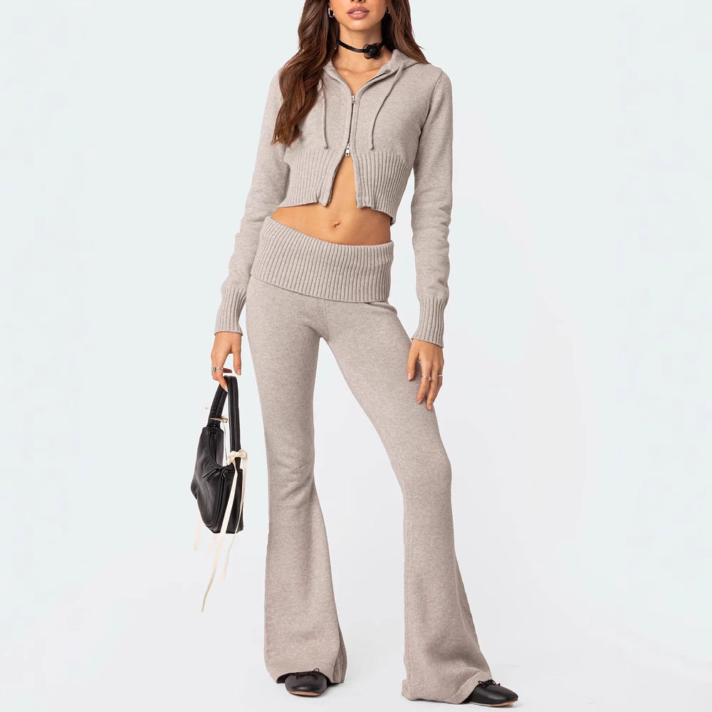 Knitted Hooded Suit Long Sleeve Zipper Cropped Top And Slim Flared Pants Trousers Solid Outfits