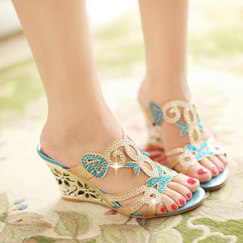 Wedge Sandals Peep Toe Slip-on Rhinestone Women's - Beuti-Ful