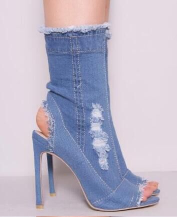 Fashion Runway Peep Toe Denim Ankle Boots - Beuti-Ful