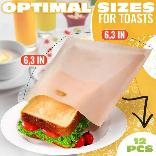 12Pcs Non Stick Toaster Bags Reusable 6.7 X7.5 Inch Grilled Cheese Bags Heat Resistant & Easy To Clean Mess Free