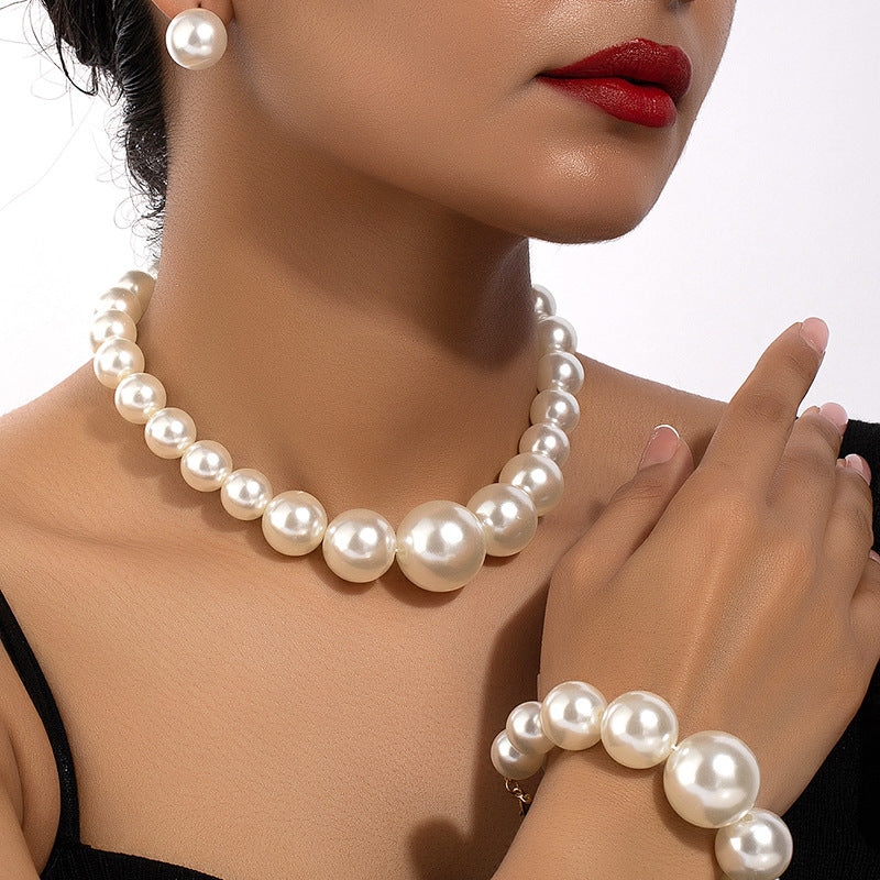 French Retro Fresh Water Pearl Earrings Bracelet And Necklace Set - Beuti-Ful