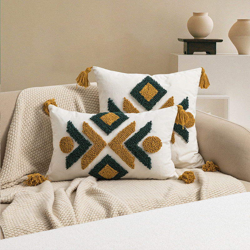 Moroccan Geometric Loop Velvet Tassel Living Room Sofa Cushion Cover - Beuti-Ful