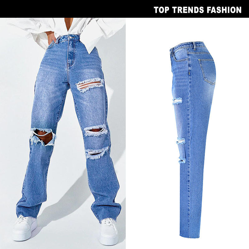 Women's High Waist Straight Ripped Jeans