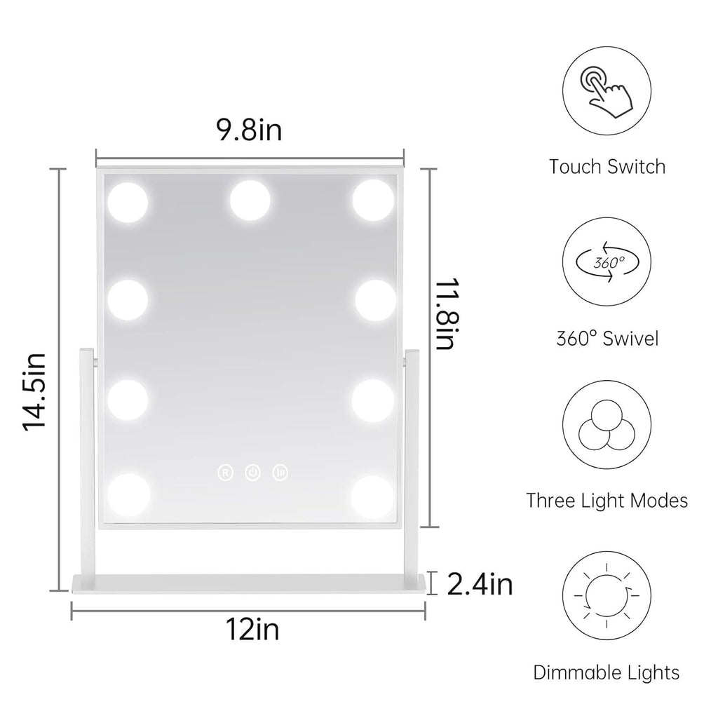 Lighted Makeup Vanity Mirror,  With 9 Dimmable Bulbs And 3 Color Lighting Modes, Smart Touch Control - Beuti-Ful