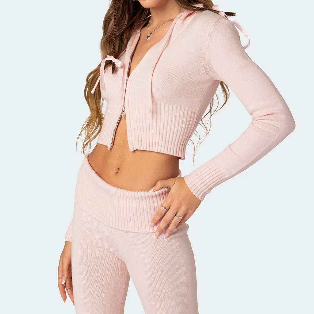 Knitted Hooded Suit Long Sleeve Zipper Cropped Top And Slim Flared Pants Trousers Solid Outfits
