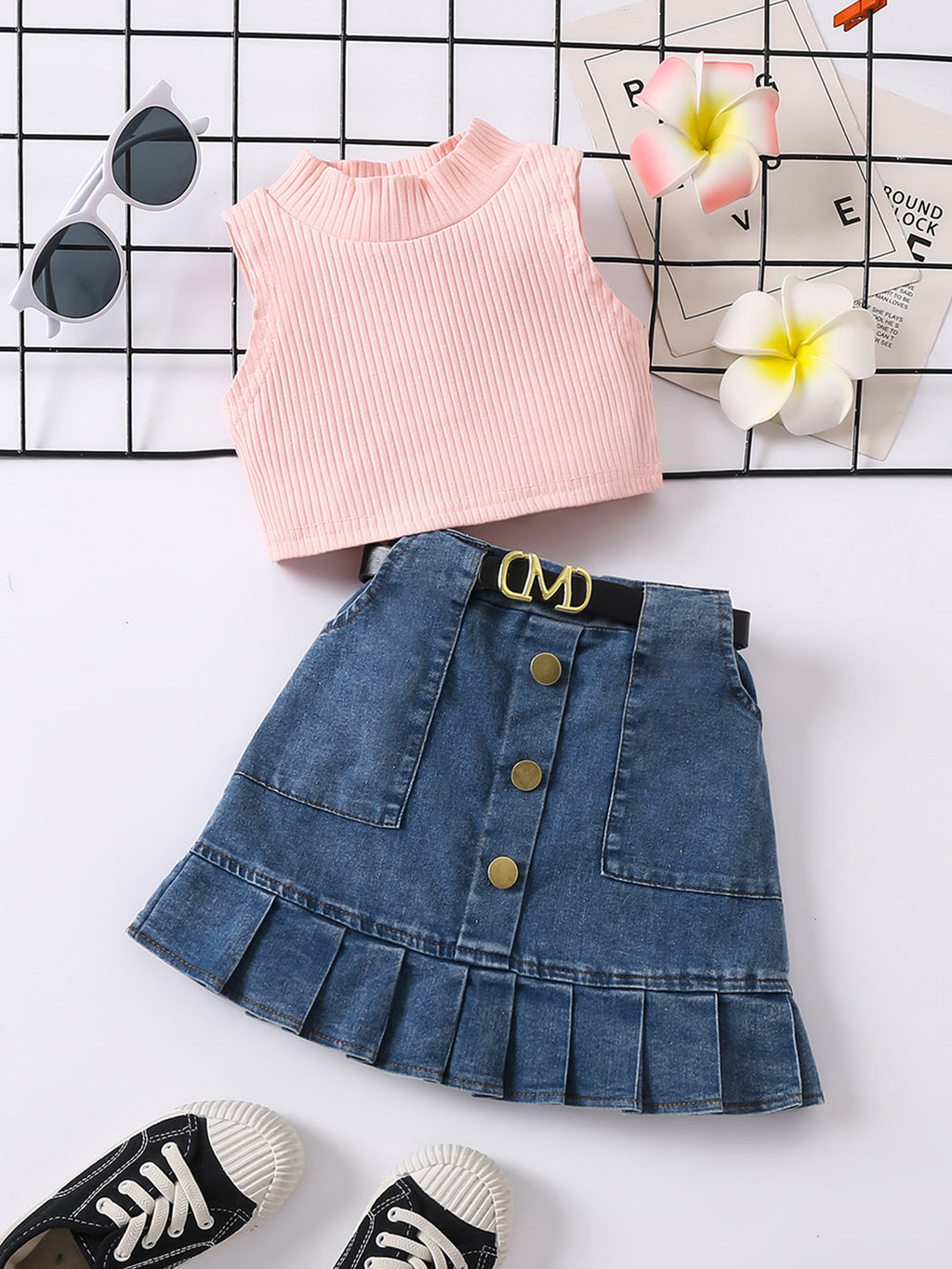 Girls' Solid Color Waistcoat Sleeveless Top Denim Open Bag Pleated Skirt Suit - Beuti-Ful