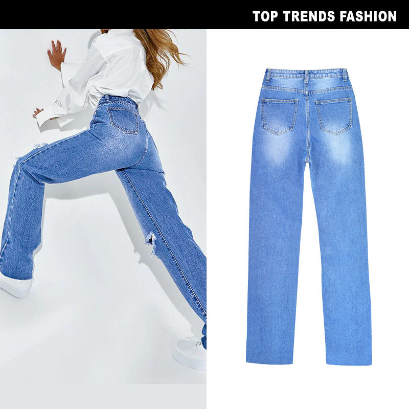 Women's High Waist Straight Ripped Jeans - Beuti-Ful
