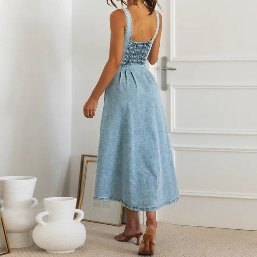 Women's Denim Buckle Strap Midi Dress - Beuti-Ful