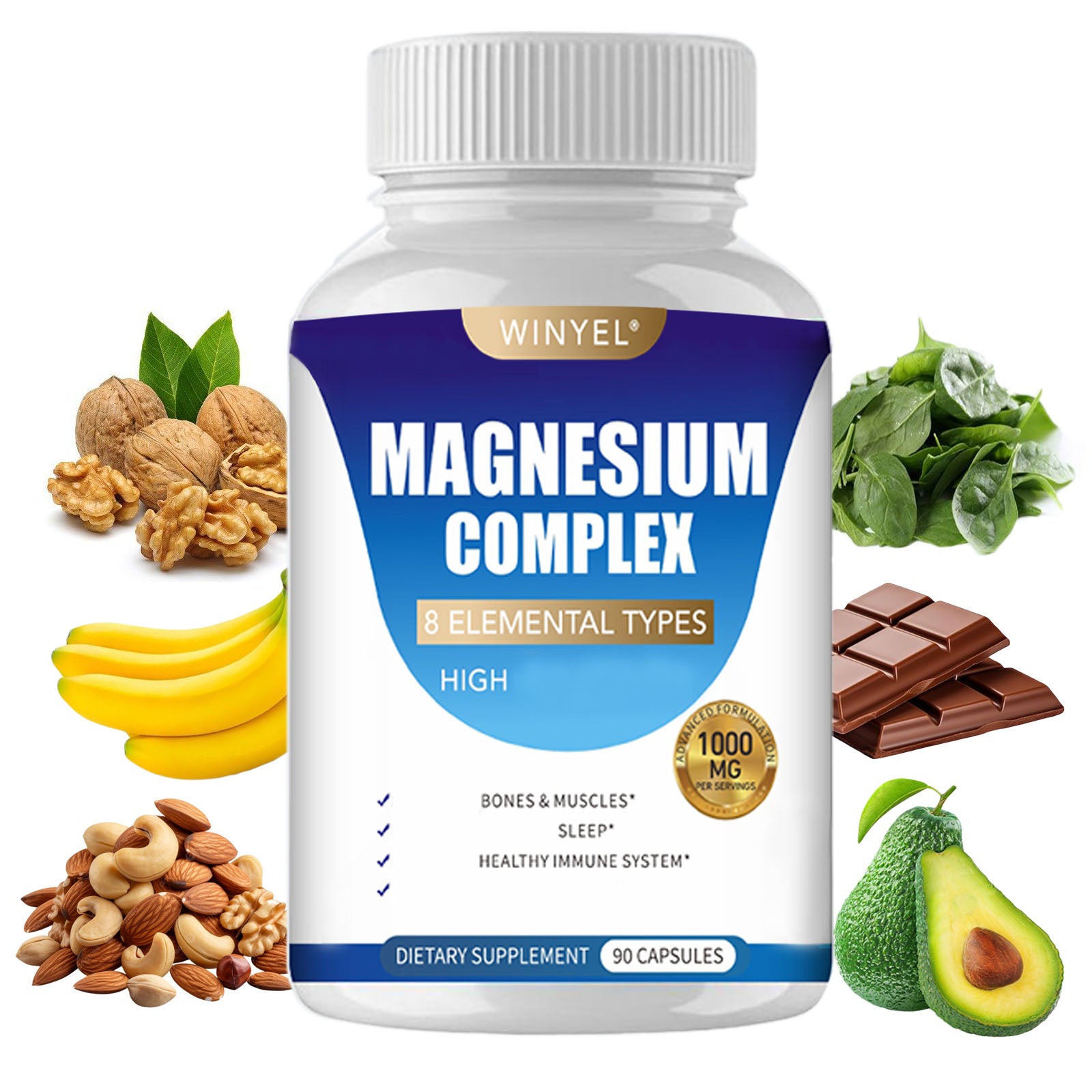 MAGNESIUM COMPLEX Wellness Capsules With Malate & Glycinate And 8 ELEMENTAL MAGNESIUM, Supports Health 90 Capsules, Dietary Supplement. - Beuti-Ful