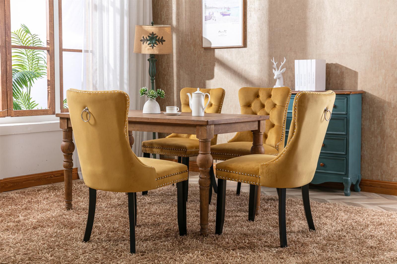 High-end Tufted Solid Wood Contemporary Velvet Upholstered Dining Chair With Wooden Legs And Spike Head Trim 2-piece Set, Gold - Beuti-Ful