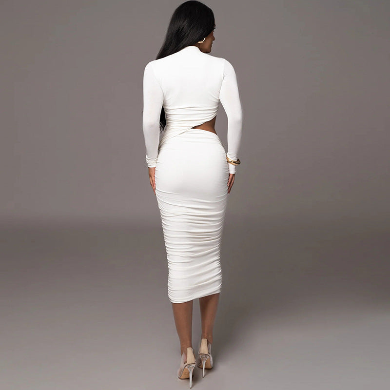 Women's Autumn Long Sleeve Sexy Cutout Pleated Tight Dress - Beuti-Ful