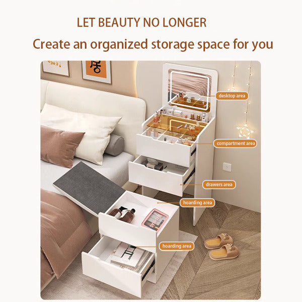 3 In 1 Dressing Table With Flip Mirror And Light, Small Makeup Vanity Set With Viewing Glass Tabletop, 3 Drawers, Storage Stool, 3 Color Lighted Mirror, Bedroom Dressing Table For Small Spaces - Beuti-Ful
