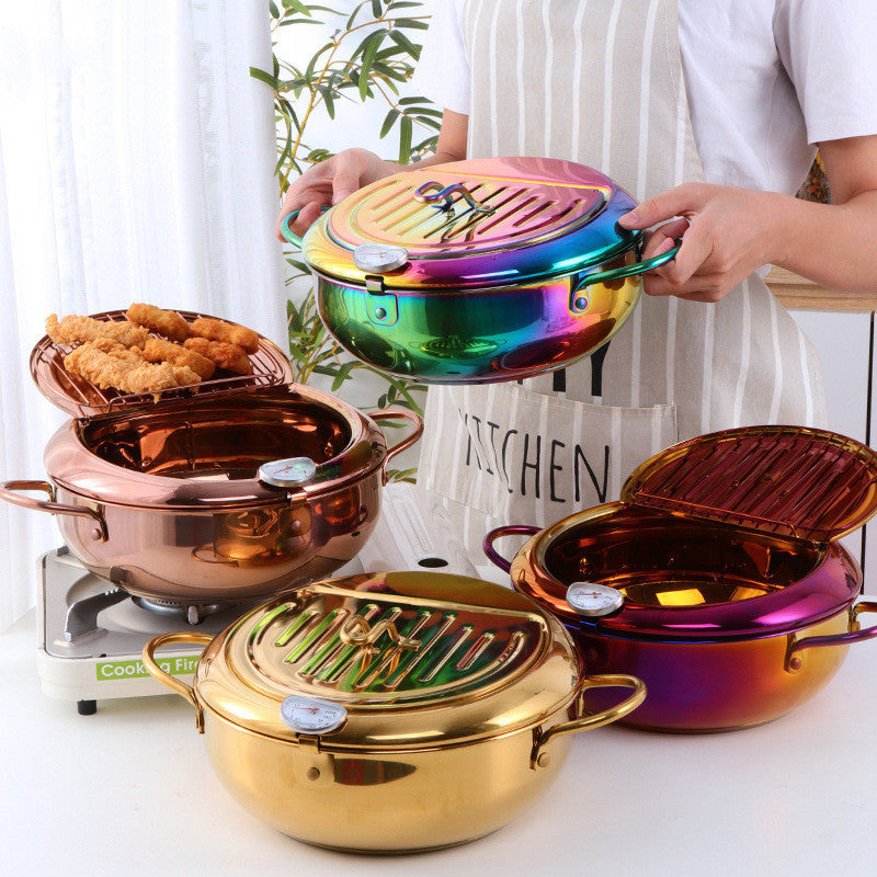 Stainless Steel Deep Frying Pan Color Band Oil Thermometer Double-layer Double Bottom - Beuti-Ful