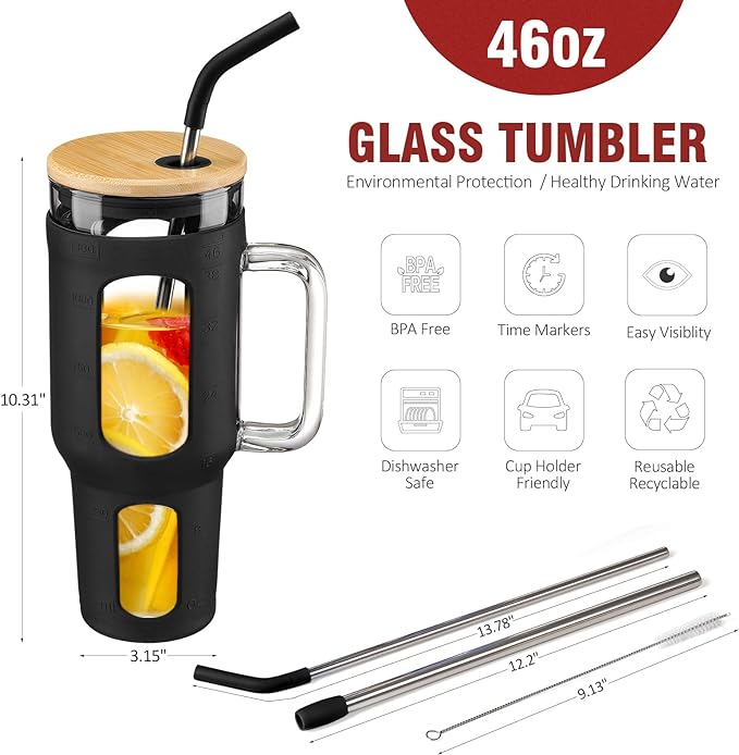 Glass Tumbler With Lid And Straw, 46 Oz Iced Coffee Cup With Handle, Glass Water Bottles - Beuti-Ful