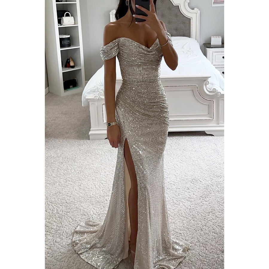 Sequins Off-neck Split Dress - Beuti-Ful