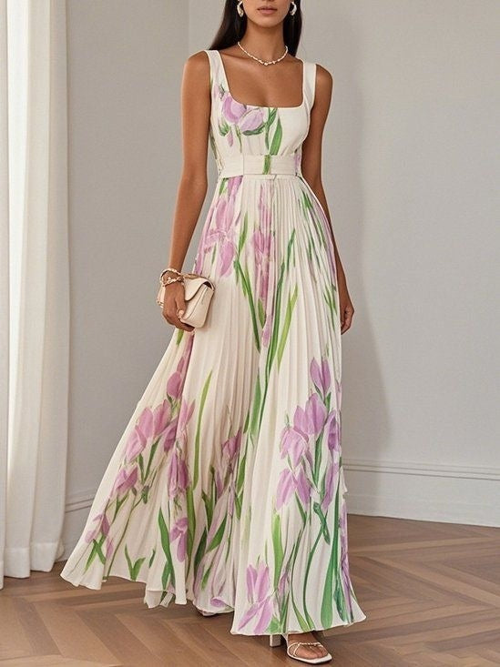 Floral Print Pleated Dress Summer A-Line Sleeveless Midi Dresses Women's Clothing - Beuti-Ful
