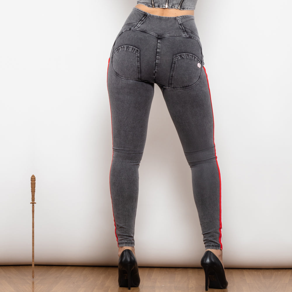 High Waist Dark  Grey Jeans With Stripe Jeans Bum Lift Pants Shaping Jeggings Women Pants