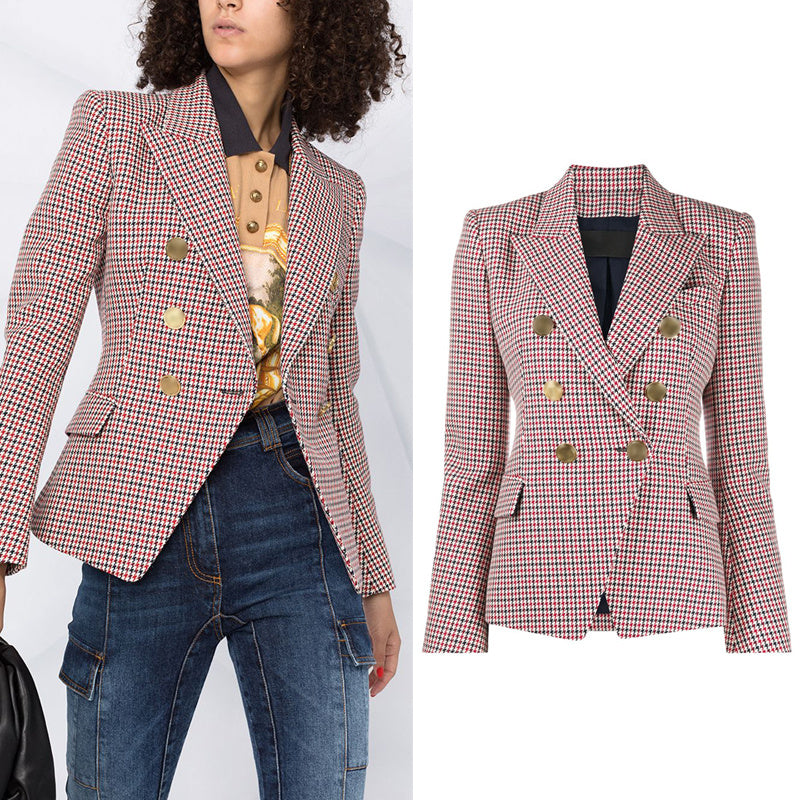Houndstooth Small Jacket Women Long-Sleeved Double-Breasted Plaid Blazer - Beuti-Ful