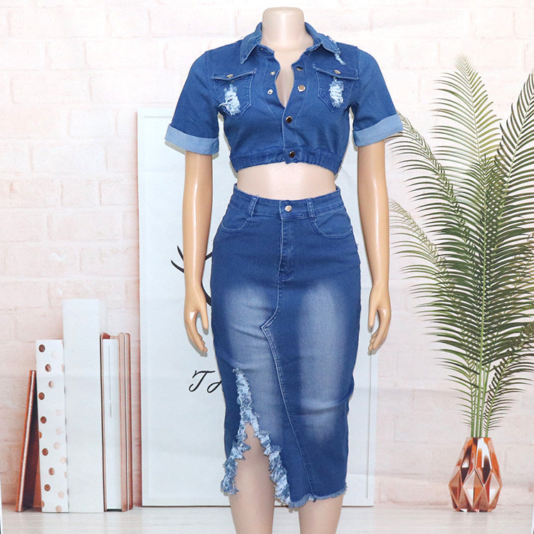 Frosted Wash Denim Skirt Suit - Beuti-Ful