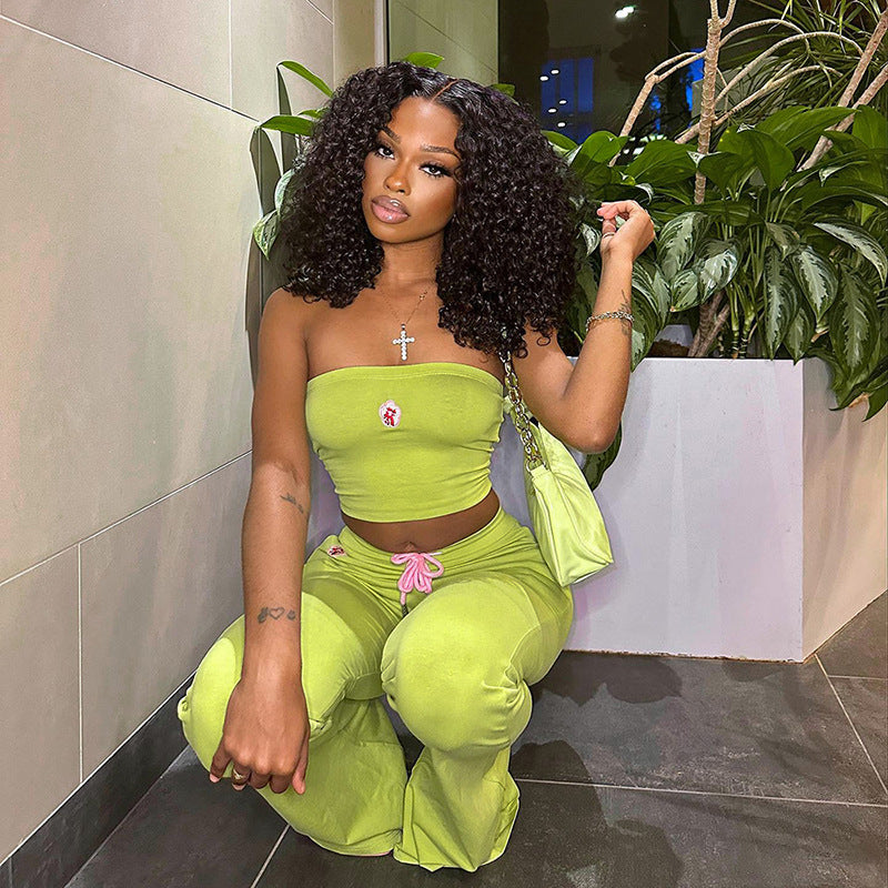 Embroidery Tube Top And High Waist Drawstring Bell-bottomed Pants Two-piece Set - Beuti-Ful