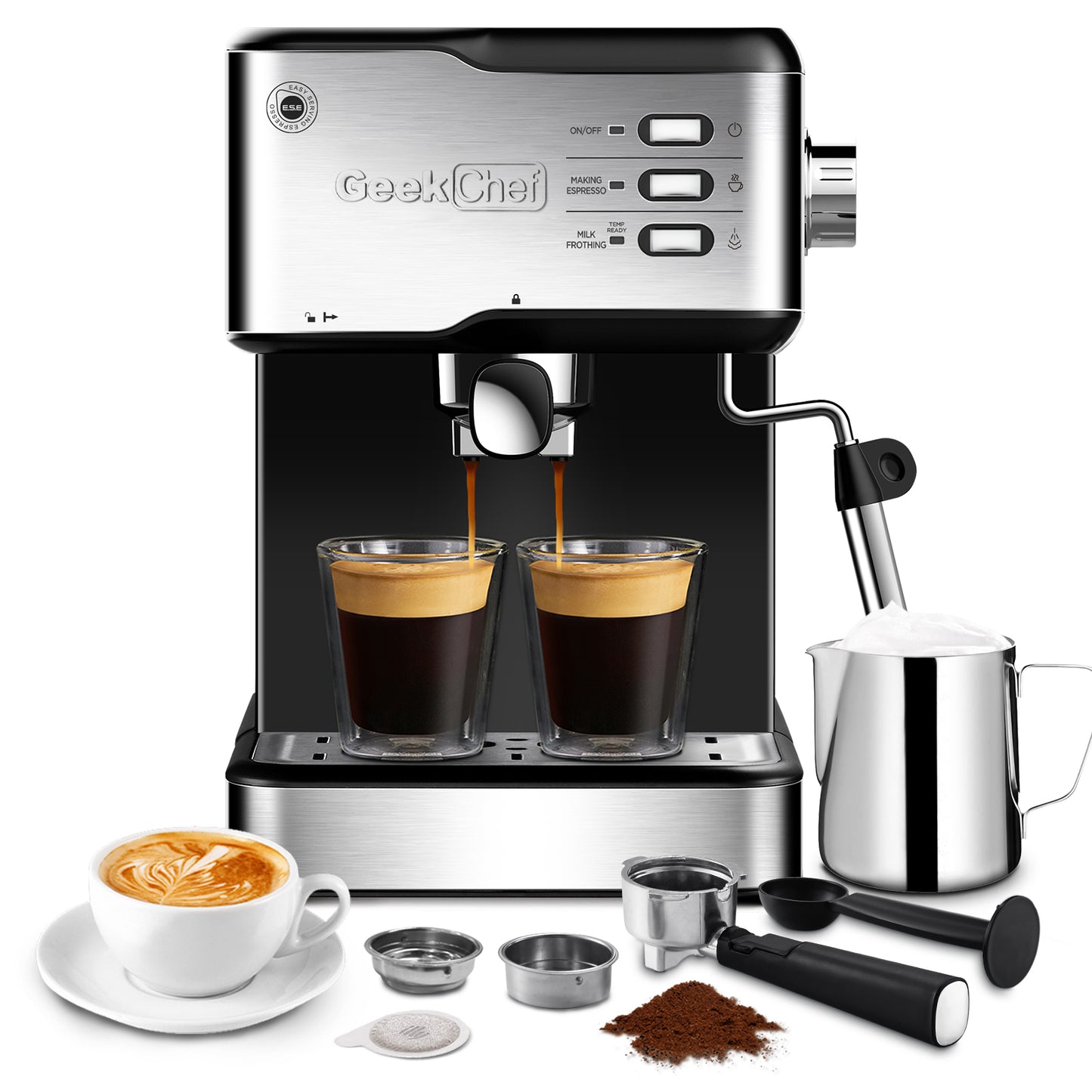 Geek Chef Espresso Machine, Espresso&Cappuccino Latte Maker 20 Bar Coffee Machine Compatible With ESE POD Capsules Filter&Milk Frother Steam Wand, 950W, 1.5L Water Tank