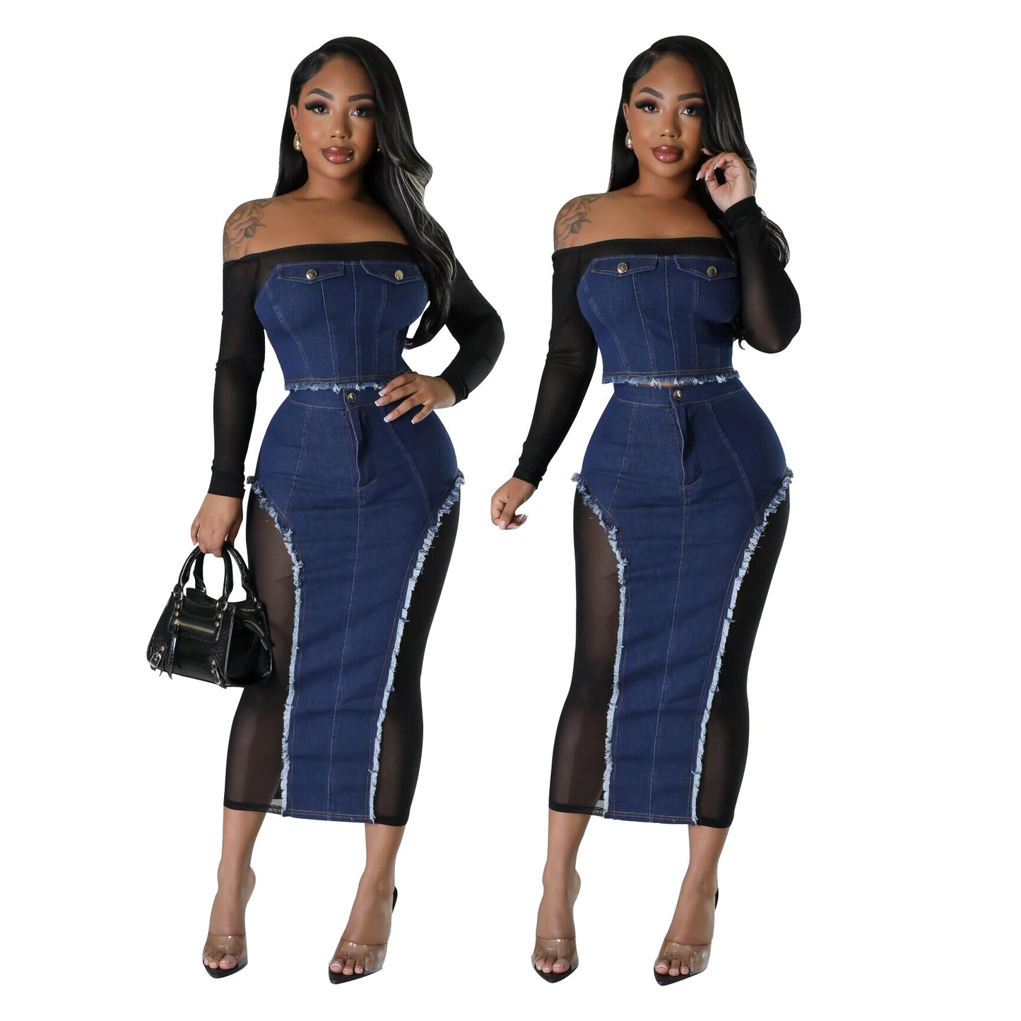 Women's Fashion Mesh Denim Stitching See-through Tube Top Skirt Two-piece Set