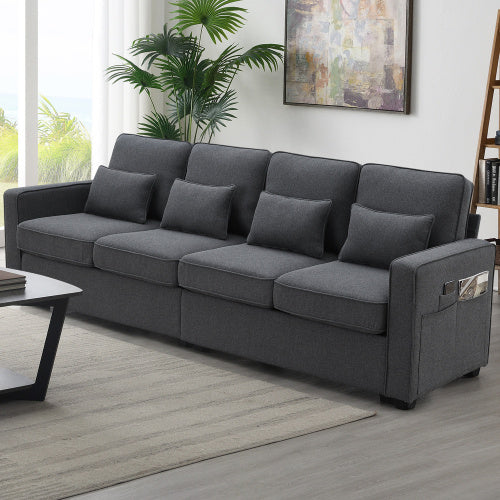 Seater Modern Linen Fabric Sofa With Armrest Pockets And 4 pillows - Beuti-Ful