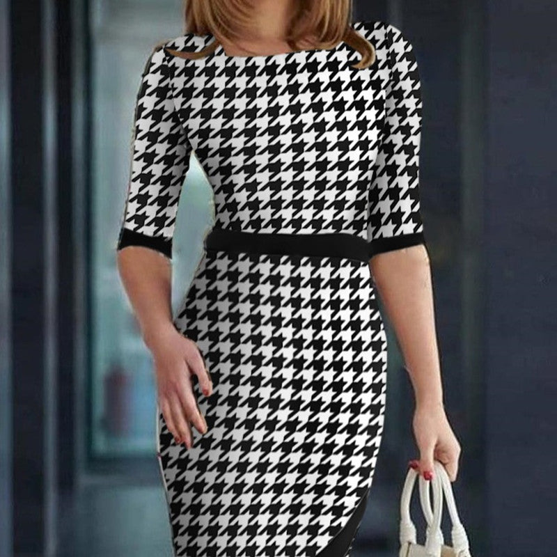 Women's Houndstooth Printing Color Contrast Dress - Beuti-Ful