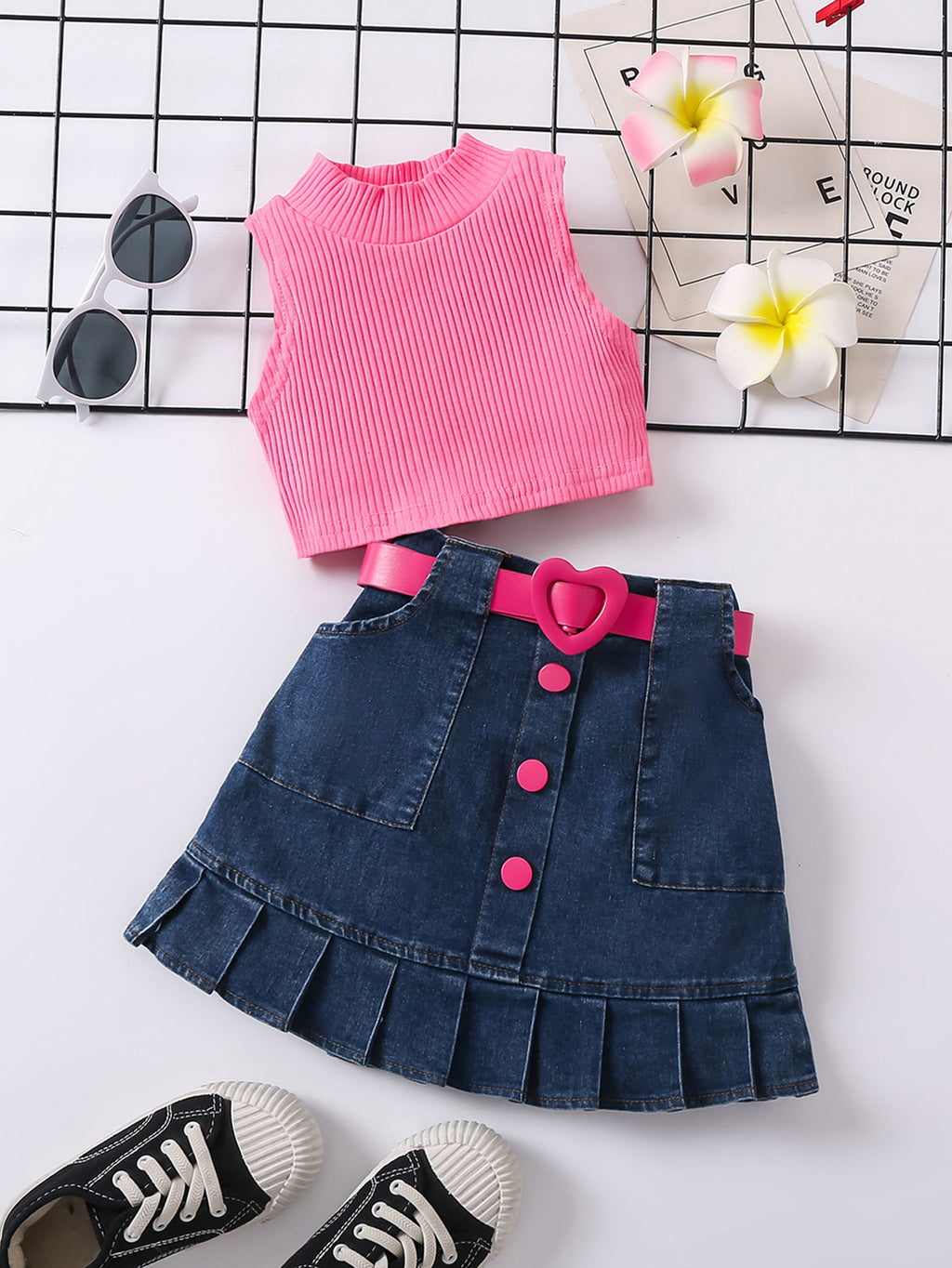 Girls' Solid Color Waistcoat Sleeveless Top Denim Open Bag Pleated Skirt Suit - Beuti-Ful