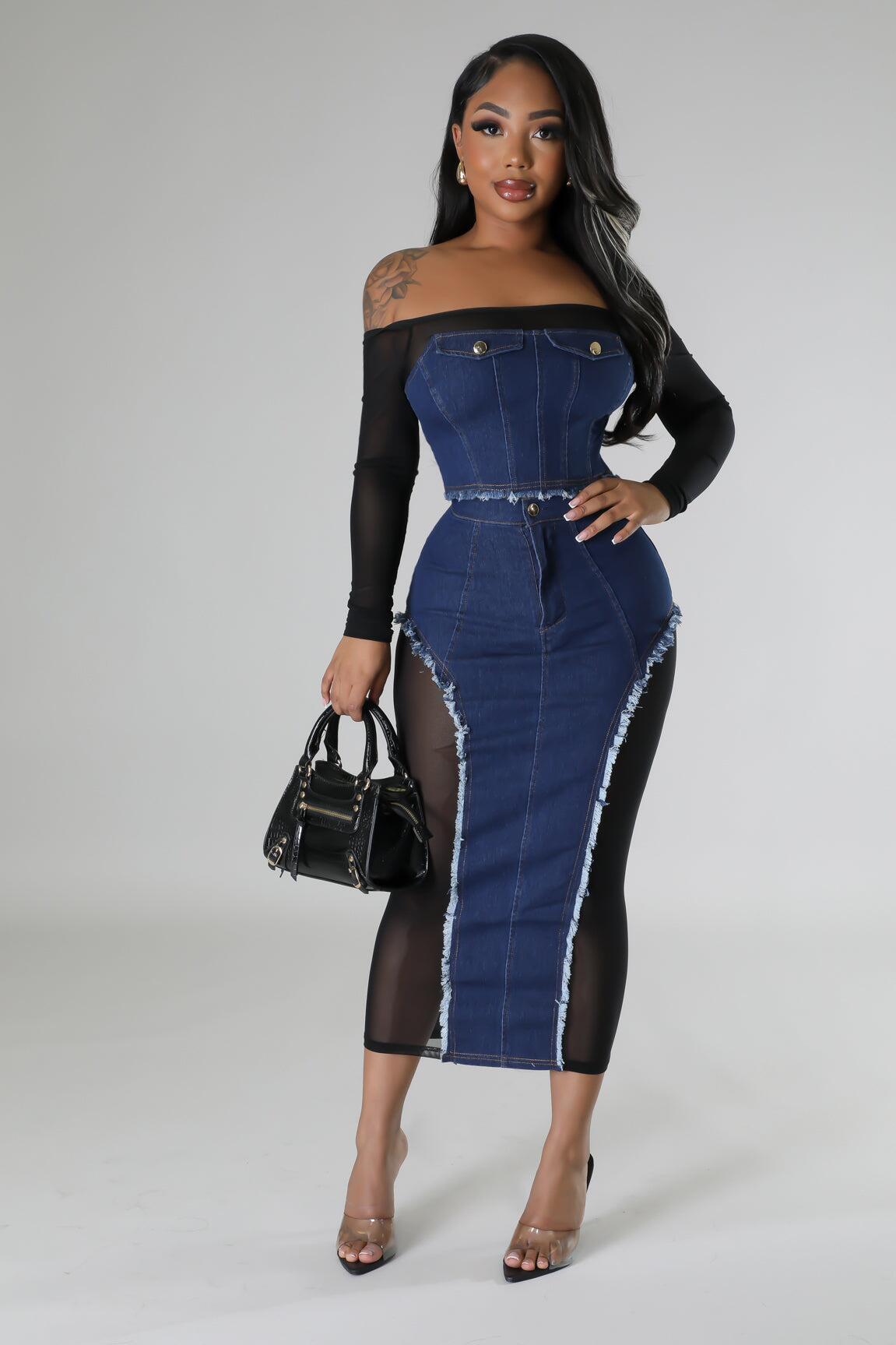 Women's Fashion Mesh Denim Stitching See-through Tube Top Skirt Two-piece Set