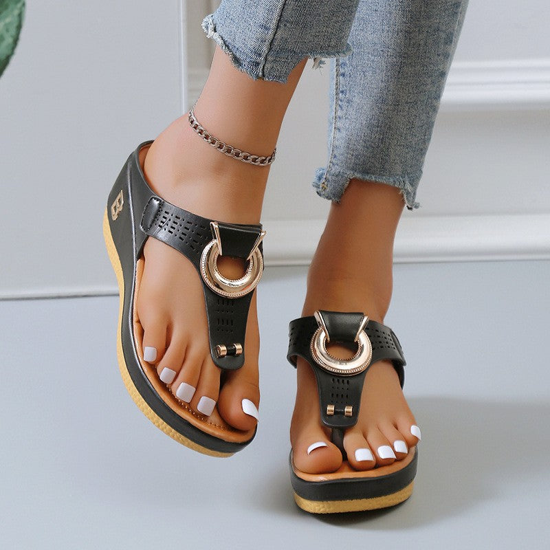 Thong Sandals Women High Heel Wedges Shoes Flip Flops Metal Decorative Slides Slippers - Beuti-Ful