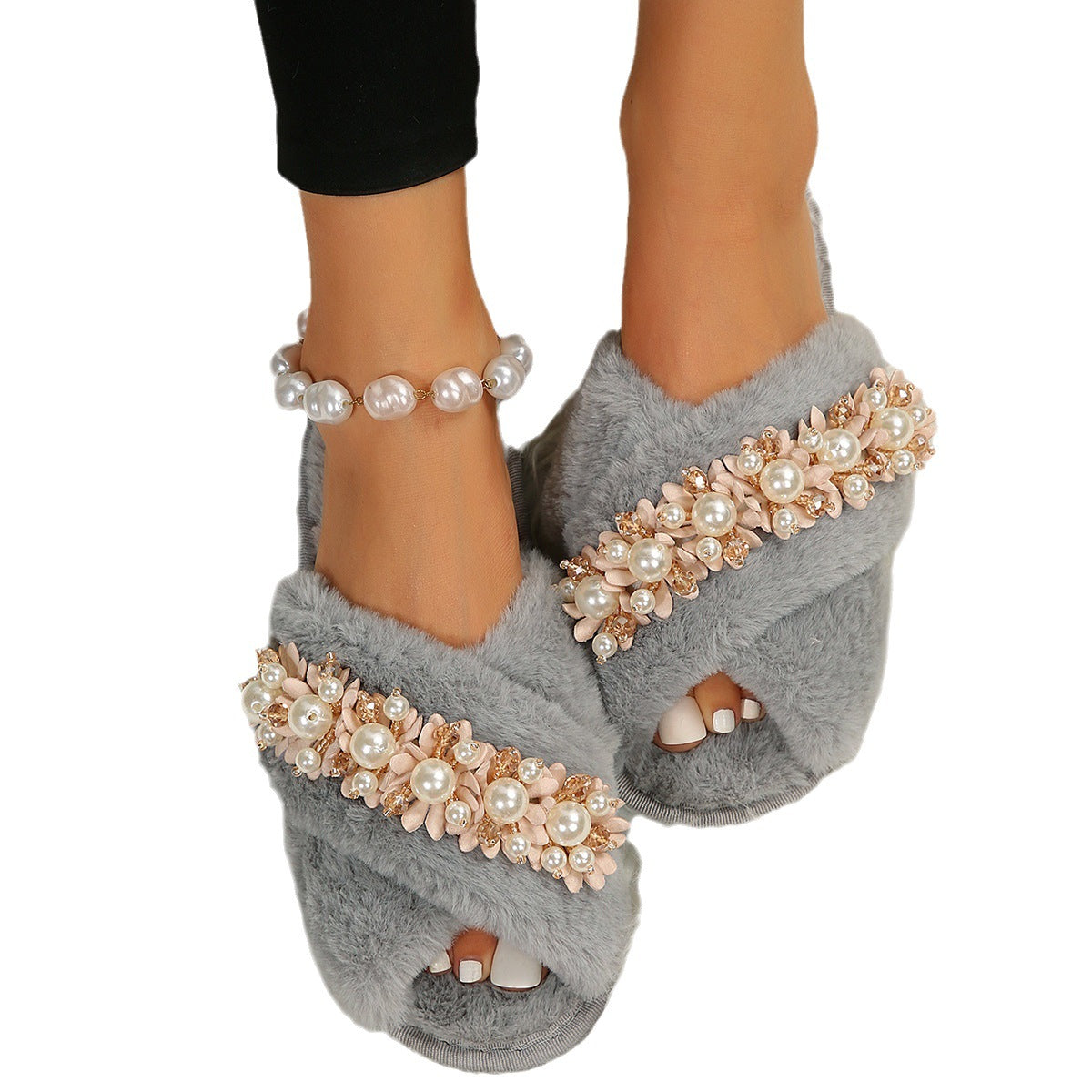 Cross Fur Slipper Pearl Advanced European And American Korean Style Home Plus Size Flowers