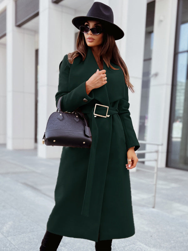 Autumn And Winter Simplicity Long Sleeve Button V-neck Lace Up Woolen Coat Women's Clothing