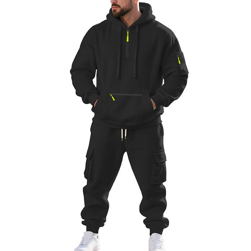 Men's Loose Sports Sweater suit Fleece-lined Hoodie Set Zipper Multi-Pocket Pullover Two-piece Set