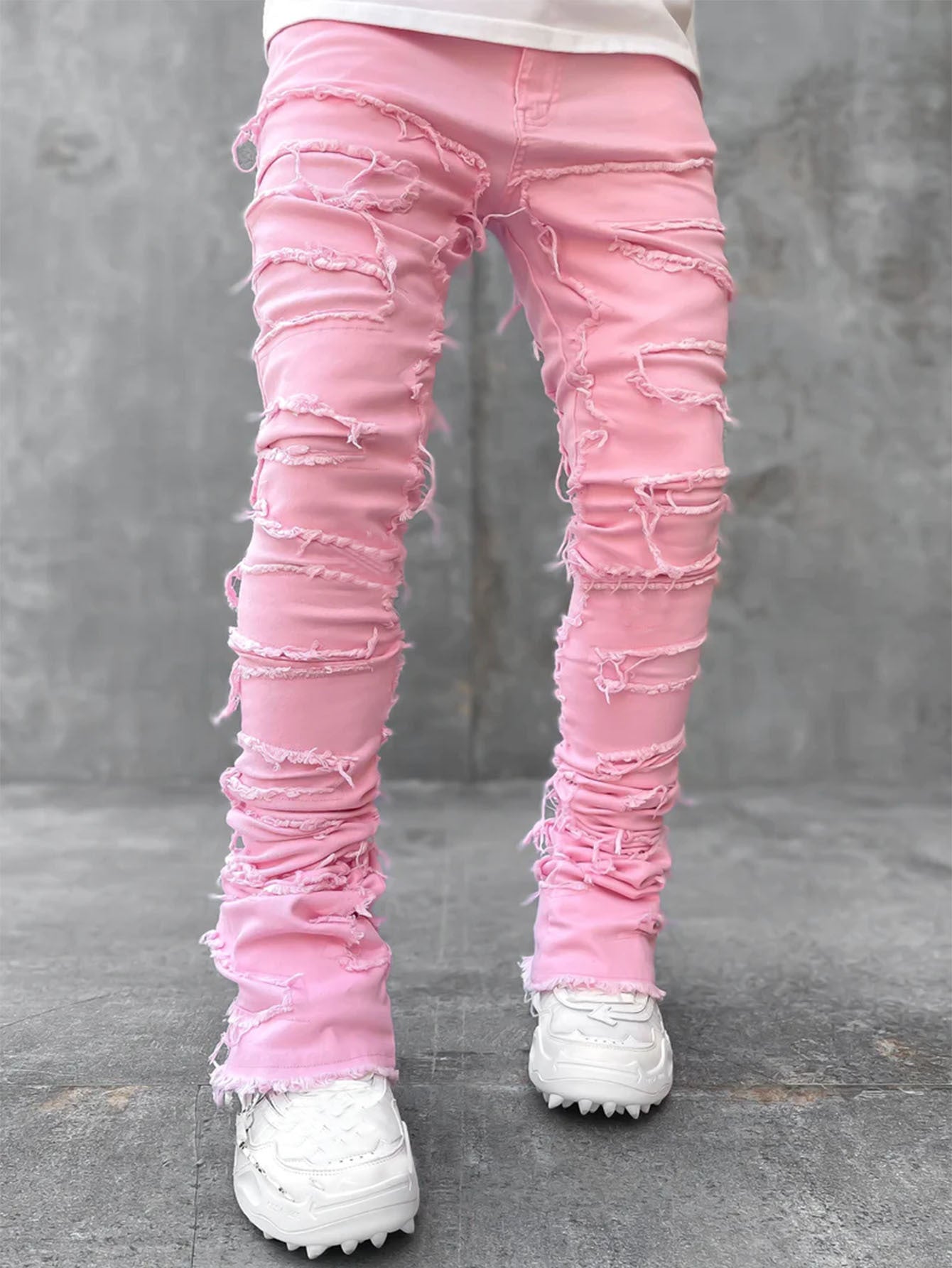 Men Trousers Individual Patched Pants Long Tight Fit Stacked Jeans For Mens Clothing - Beuti-Ful