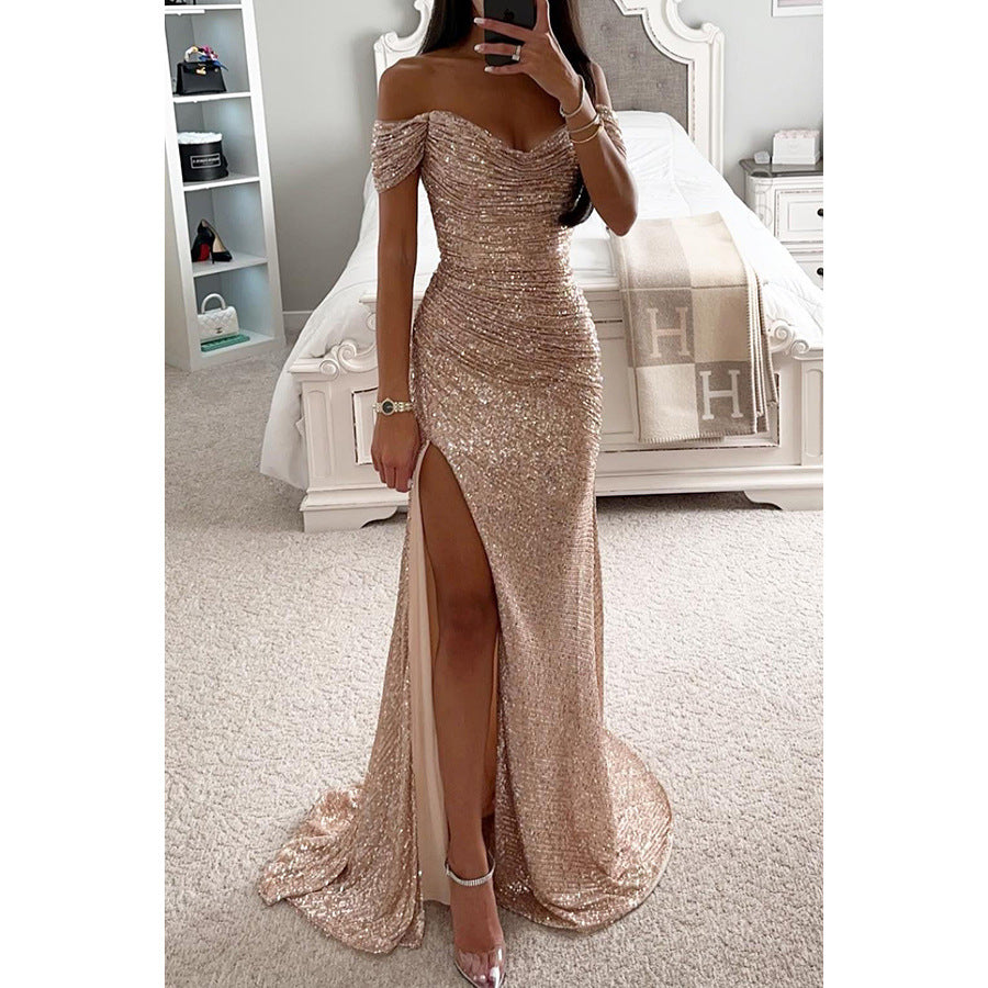 Sequins Off-neck Split Dress - Beuti-Ful