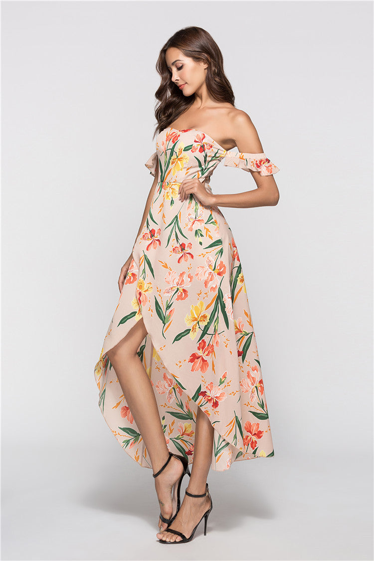 Rinted Dress Sexy Wrapped Chest Raglan Sleeve Long Skirt - Beuti-Ful