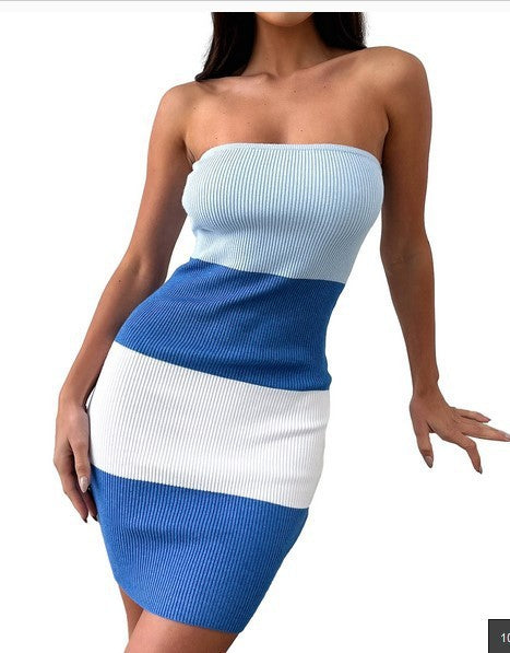 Waist-tight Color Matching Woolen Tube Top Dress