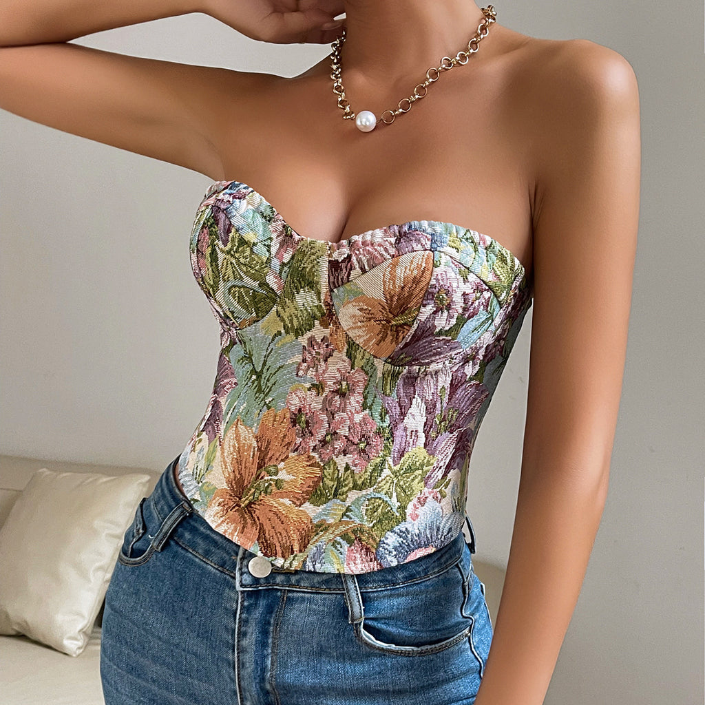 Floral Print Tube Vest Top With Back-tied Design INS Crop Corset Tank Top