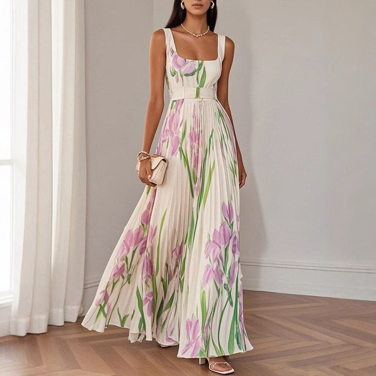 Floral Print Pleated Dress Summer A-Line Sleeveless Midi Dresses Women's Clothing - Beuti-Ful