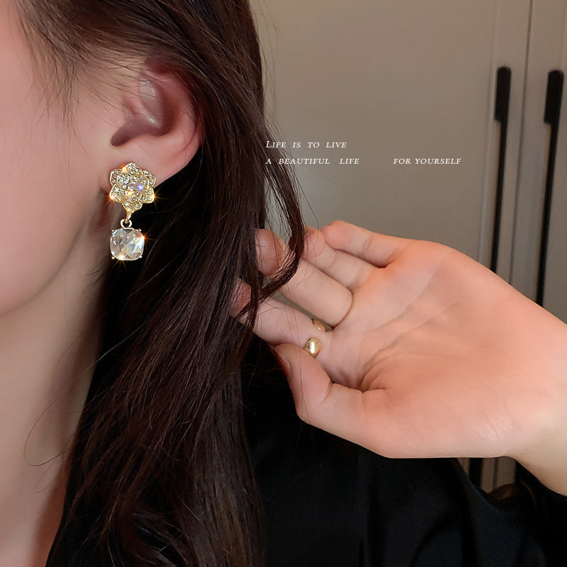 Silver Needle Diamond Flower Earrings Korean Camellia - Beuti-Ful