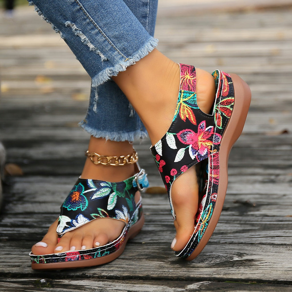 Herringbone Sandals Ethnic Style Embroidered Flower Back Buckle Wedge - Beuti-Ful