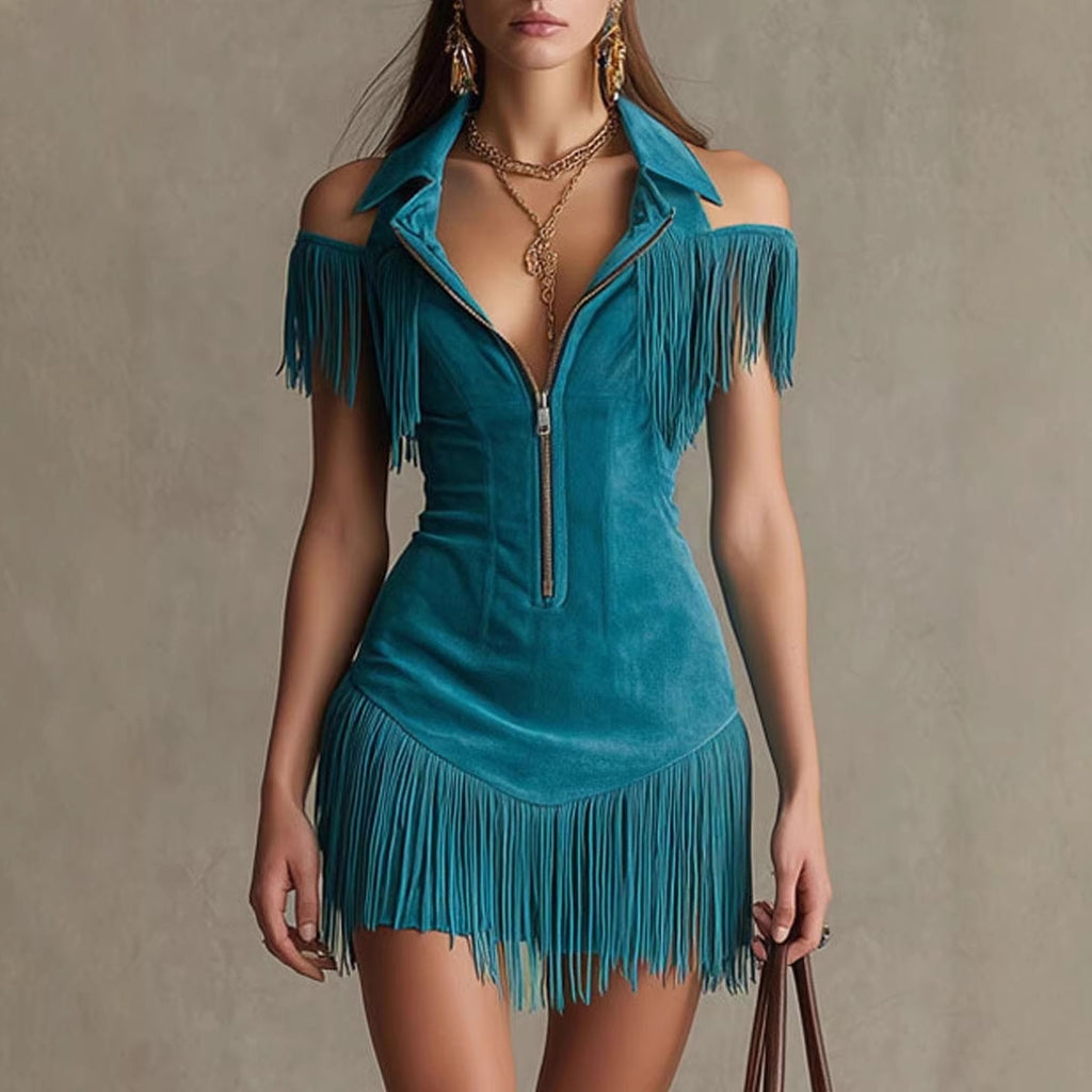 Retro Suede Tassel Off-Shoulder Dress - Beuti-Ful